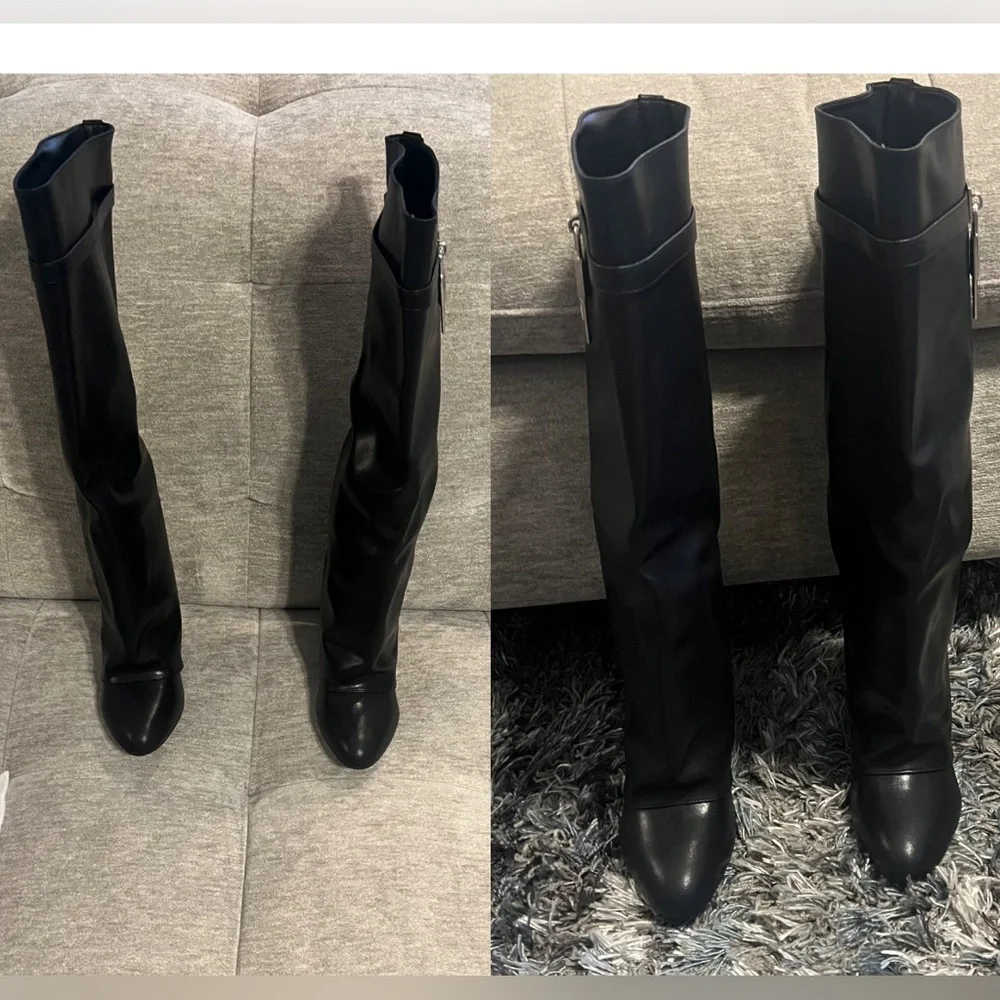 NEW IN BOX Black Fold Over Wedge Heel Wide Calf Pull On Knee High Boots Size 10 - Picture 13 of 16